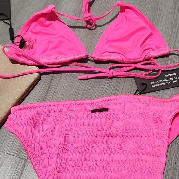 Hot pink thread swim set with bonus bag high waist bottoms string top - Picture 7 of 7
